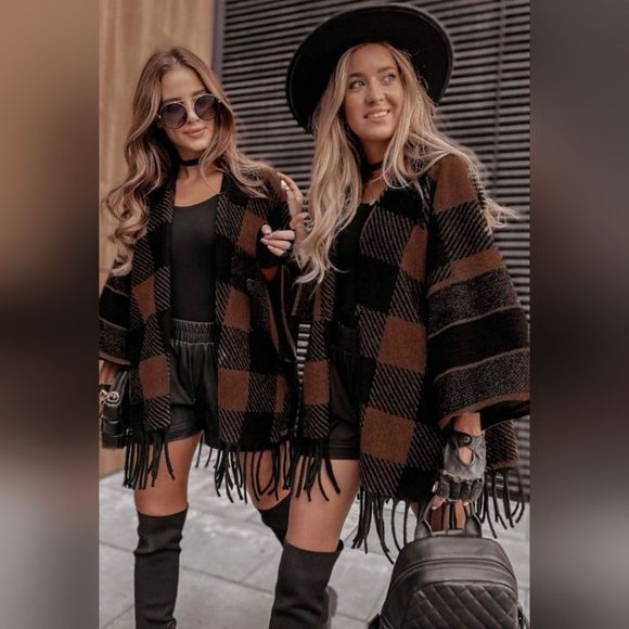 Estee Brown Checked Tassel Hem Open Front Boho Cardigan Sweater Poncho One SIZE